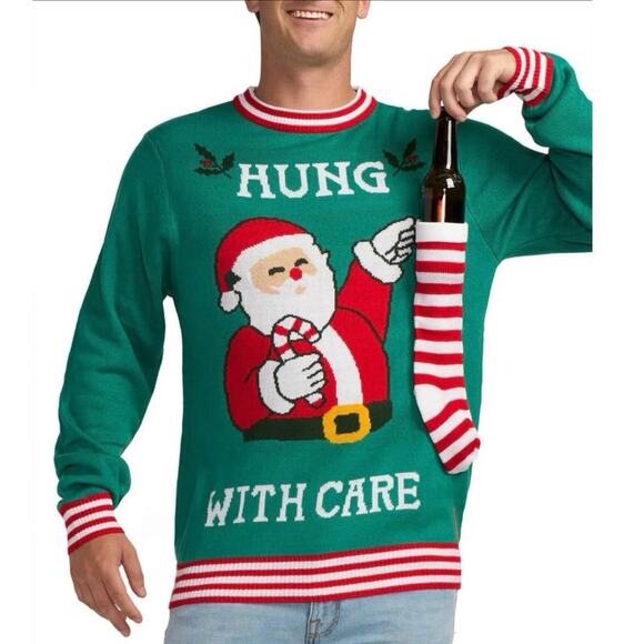 NEW Tipsy Elves Hung With Care Ugly Christmas Sweater Santa Beer Holder Large